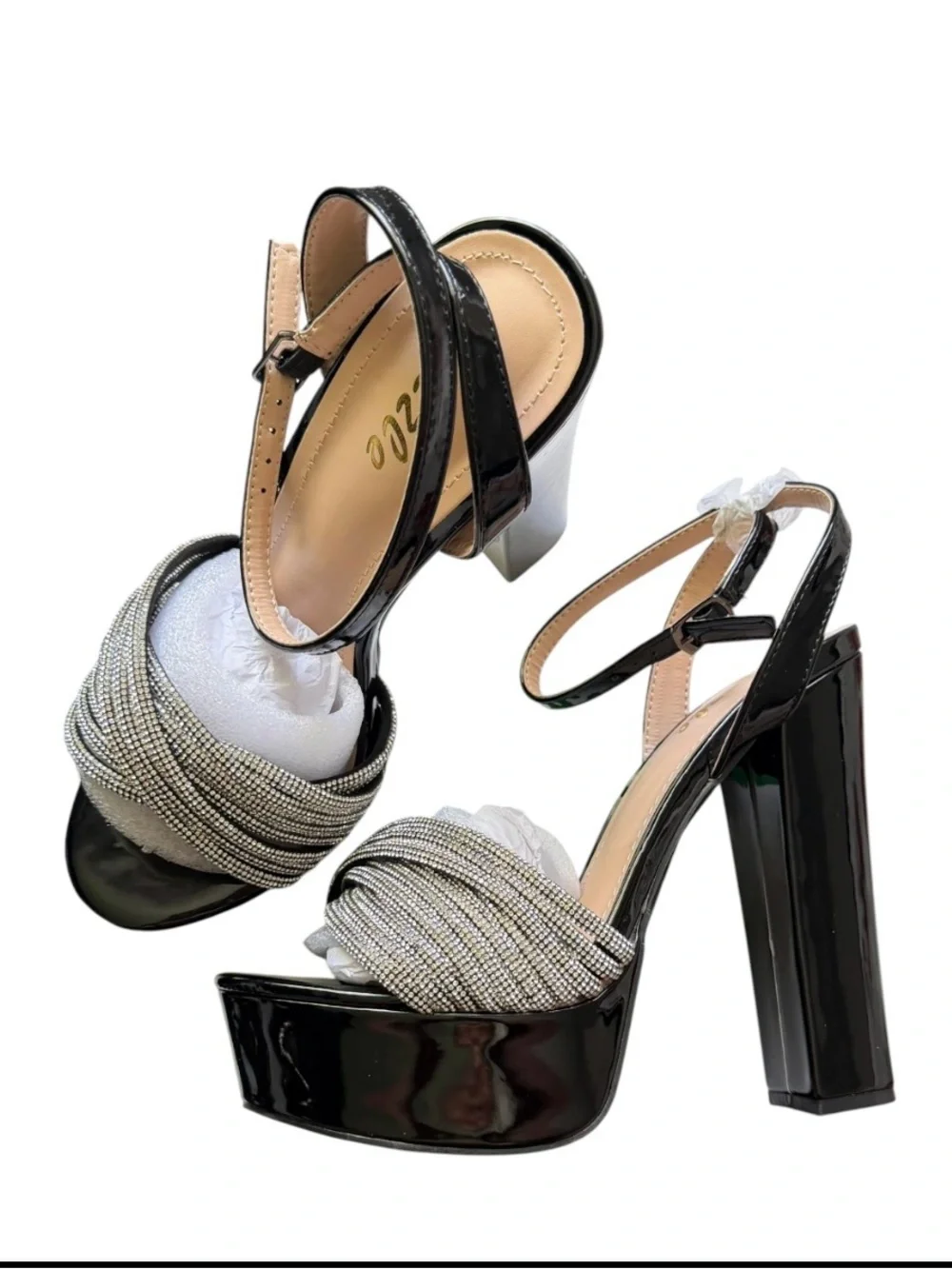 Black Platform High Heel Sandals with Silver Beaded Straps